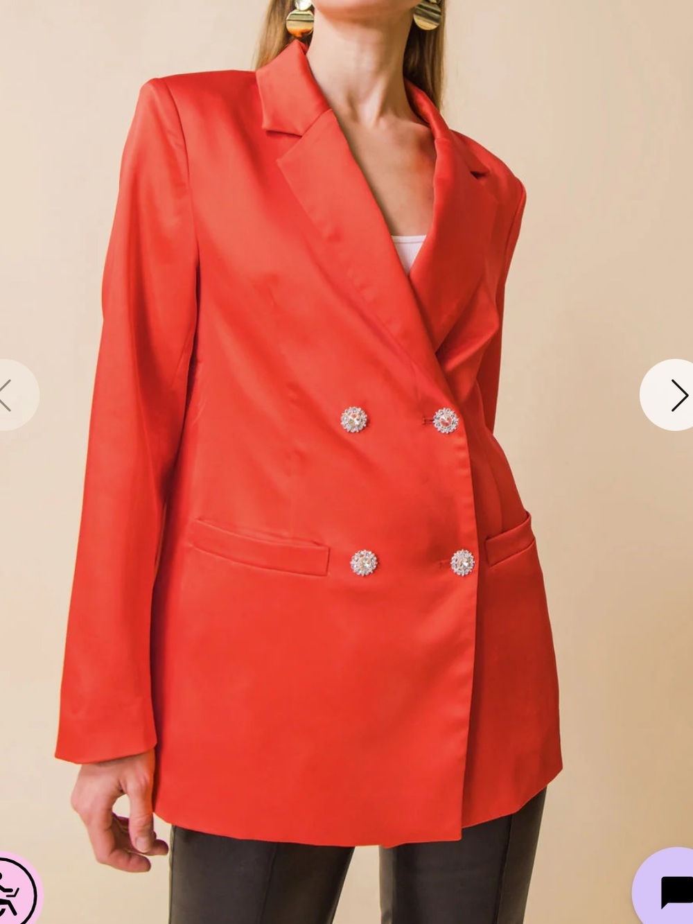 Flying Tomato Coral-Red Double-Breasted Blazer with Rhinestone Buttons Small